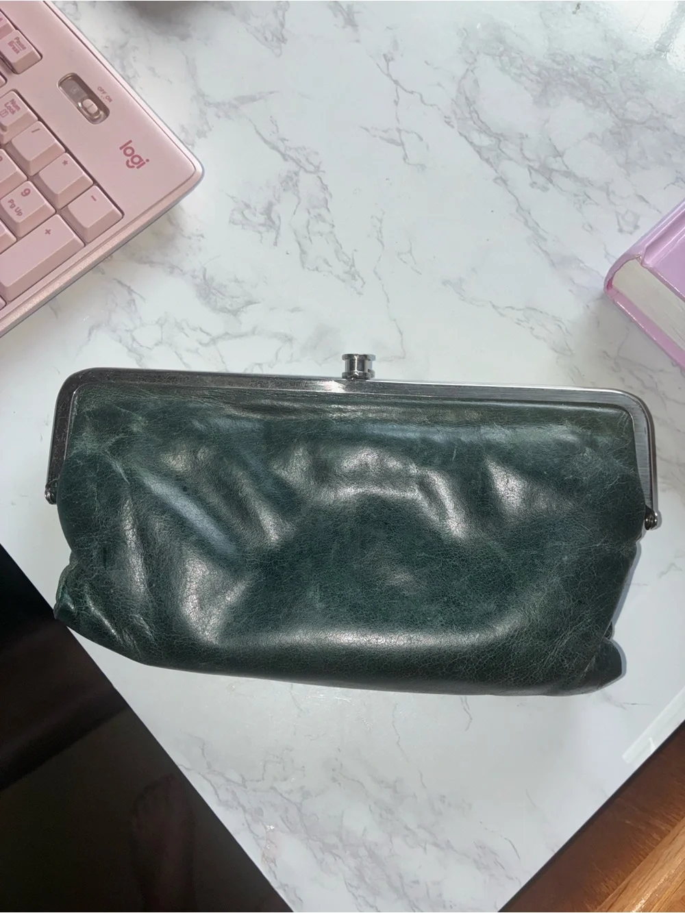 HOBO Lauren Dark Green Leather Double Frame Kiss Lock Clutch Wallet